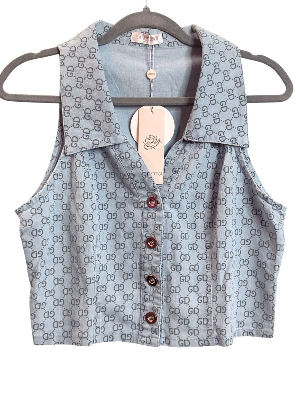 LA REYNA Y2K Monogram Denim Crop Vest Button Front Large NWT
